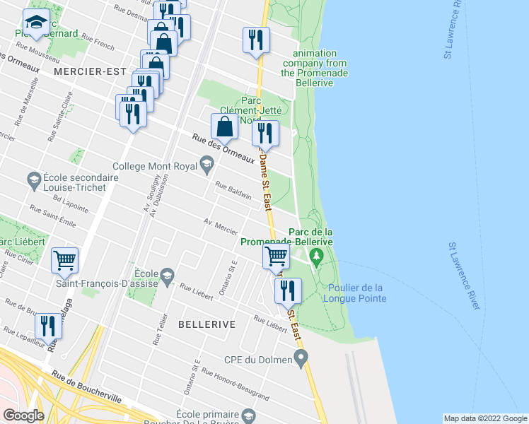 map of restaurants, bars, coffee shops, grocery stores, and more near 8561 Rue Notre-Dame Est in Montréal