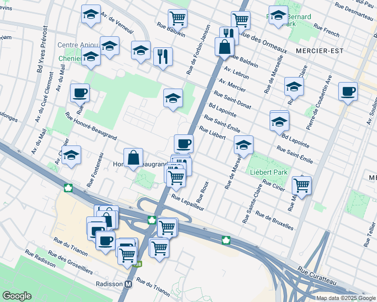 map of restaurants, bars, coffee shops, grocery stores, and more near 7990 Rue Sherbrooke Est in Montréal