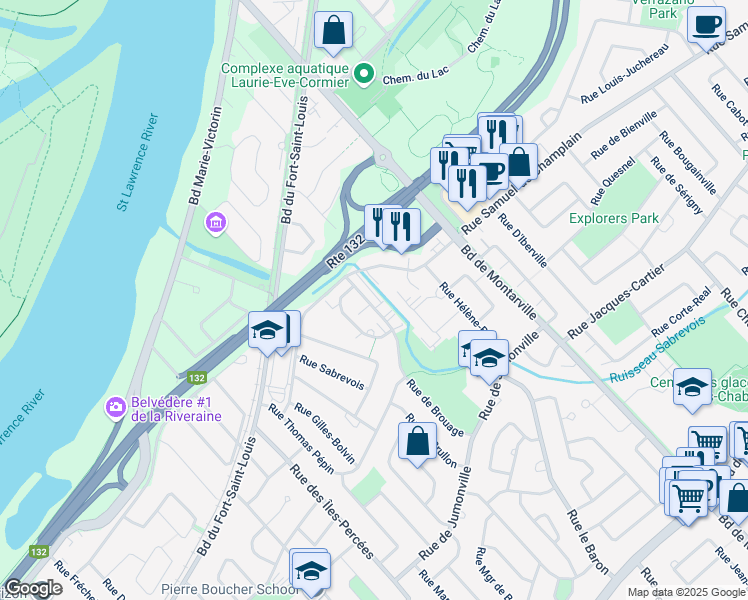 map of restaurants, bars, coffee shops, grocery stores, and more near 779 Rue de Brouage in Boucherville
