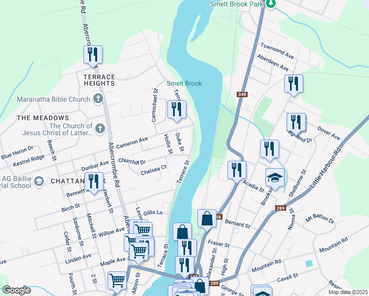 map of restaurants, bars, coffee shops, grocery stores, and more near 370 Terrace Street in New Glasgow