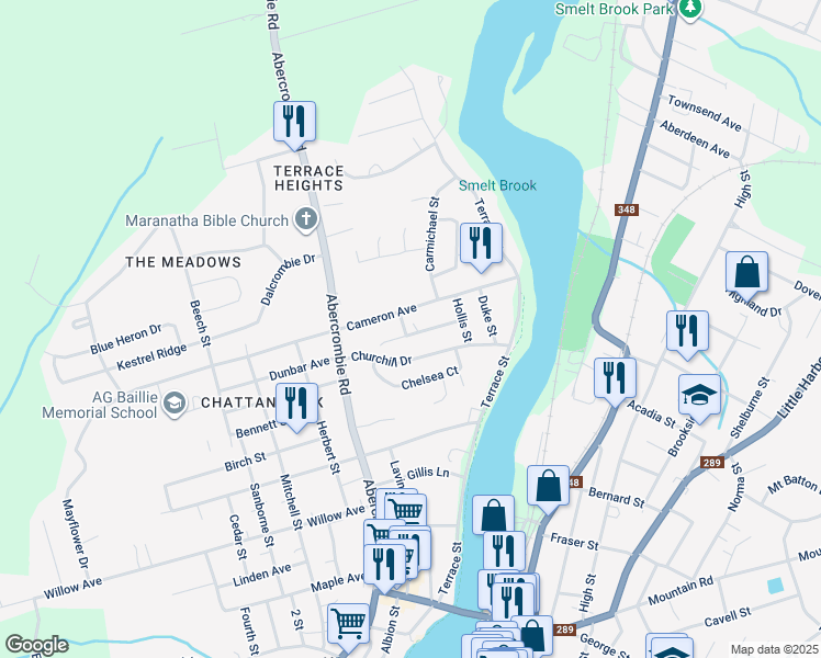map of restaurants, bars, coffee shops, grocery stores, and more near 333 Queen Street in New Glasgow