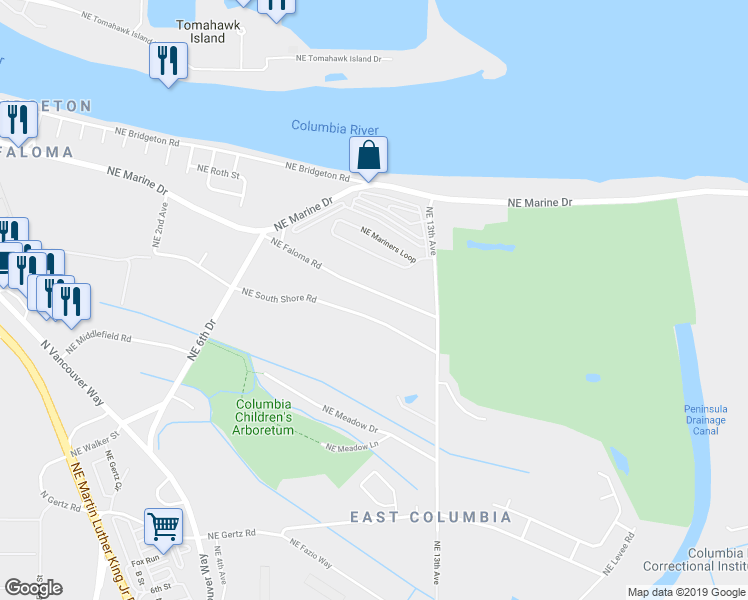 map of restaurants, bars, coffee shops, grocery stores, and more near 1020 Northeast Faloma Road in Portland