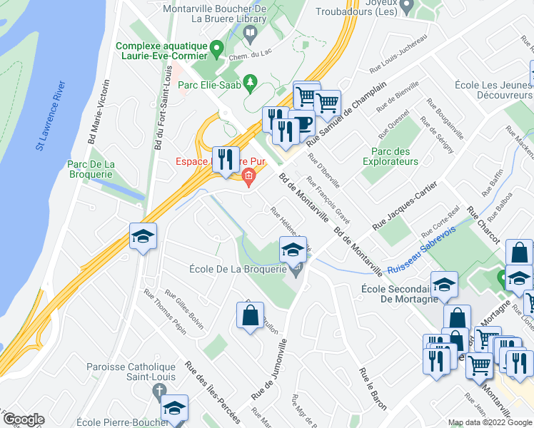 map of restaurants, bars, coffee shops, grocery stores, and more near 830 Rue Hélène-Boullé in Boucherville