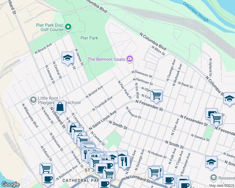map of restaurants, bars, coffee shops, grocery stores, and more near 9464 North Trumbull Avenue in Portland