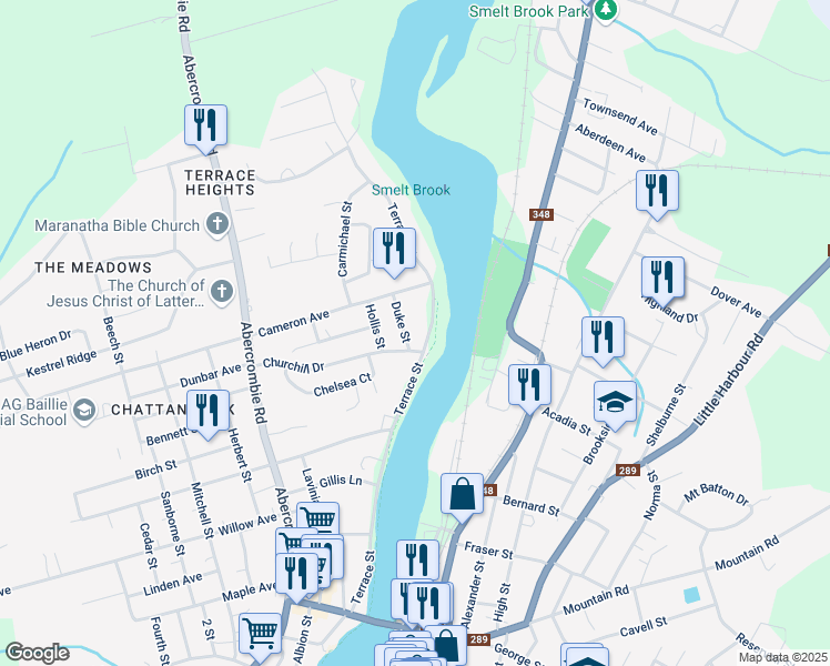 map of restaurants, bars, coffee shops, grocery stores, and more near 370 Terrace Street in New Glasgow