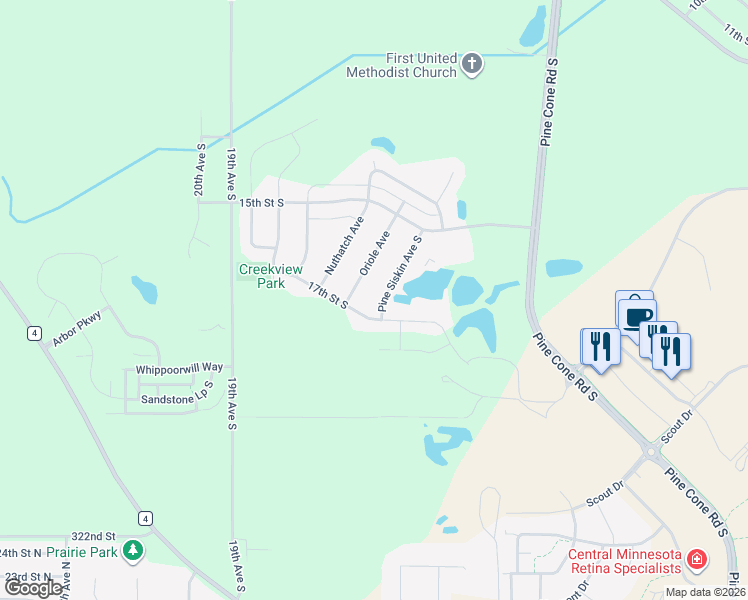 map of restaurants, bars, coffee shops, grocery stores, and more near 1205 17th Street South in Sartell