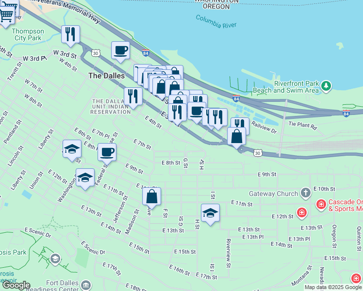 map of restaurants, bars, coffee shops, grocery stores, and more near 921 East 7th Street in The Dalles