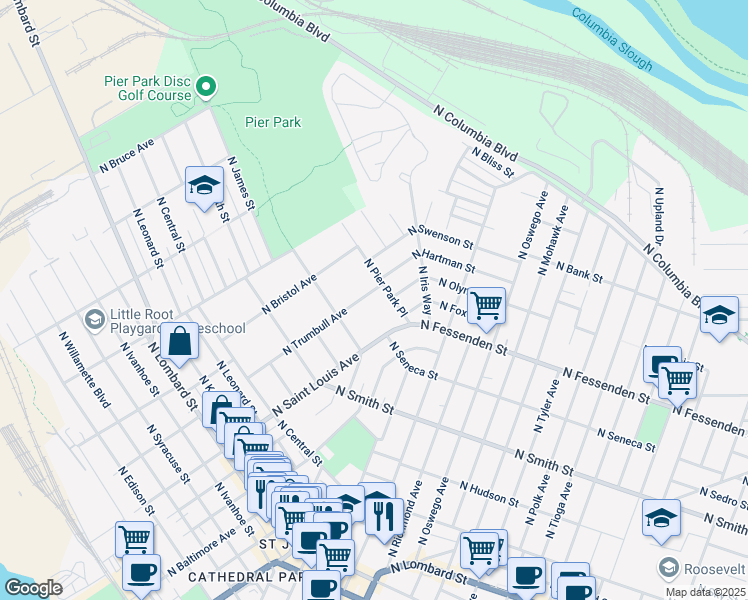 map of restaurants, bars, coffee shops, grocery stores, and more near 9156 North Pier Park Place in Portland