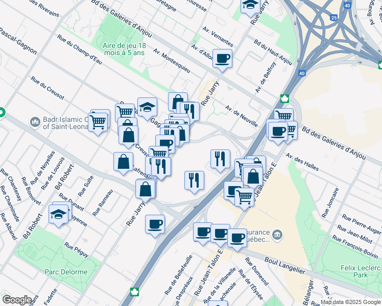 map of restaurants, bars, coffee shops, grocery stores, and more near in Montreal