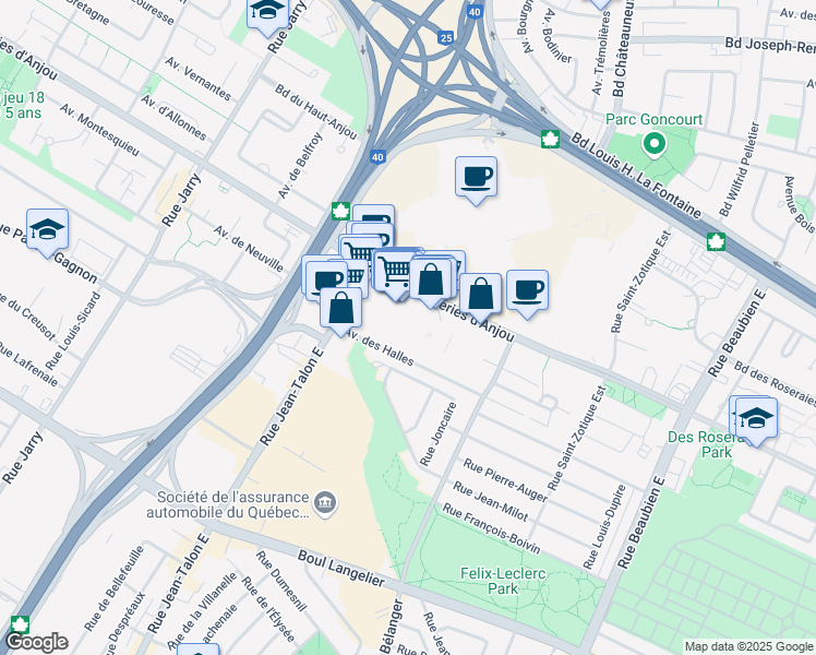 map of restaurants, bars, coffee shops, grocery stores, and more near 7500 Boulevard des Galeries d'Anjou in Montréal