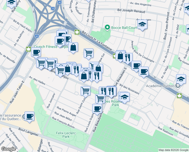 map of restaurants, bars, coffee shops, grocery stores, and more near 7300 Rue Saint-Zotique Est in Montréal