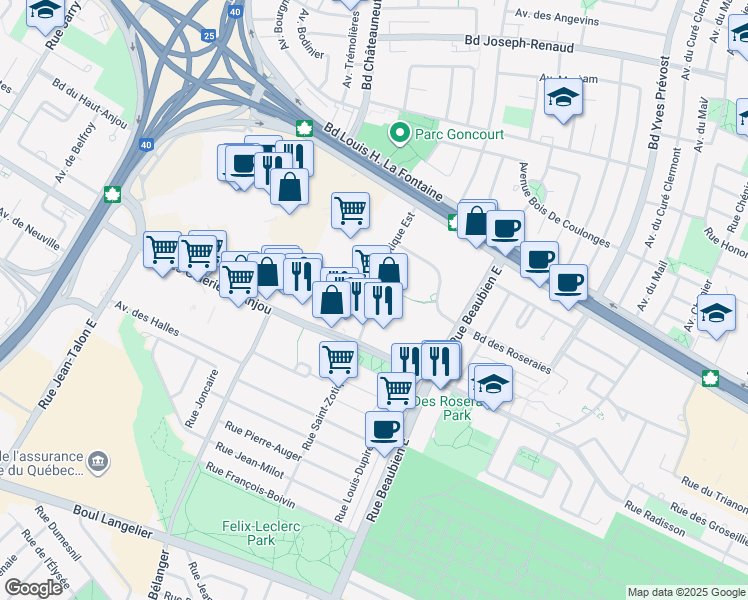 map of restaurants, bars, coffee shops, grocery stores, and more near 7300 Rue Saint-Zotique Est in Montréal