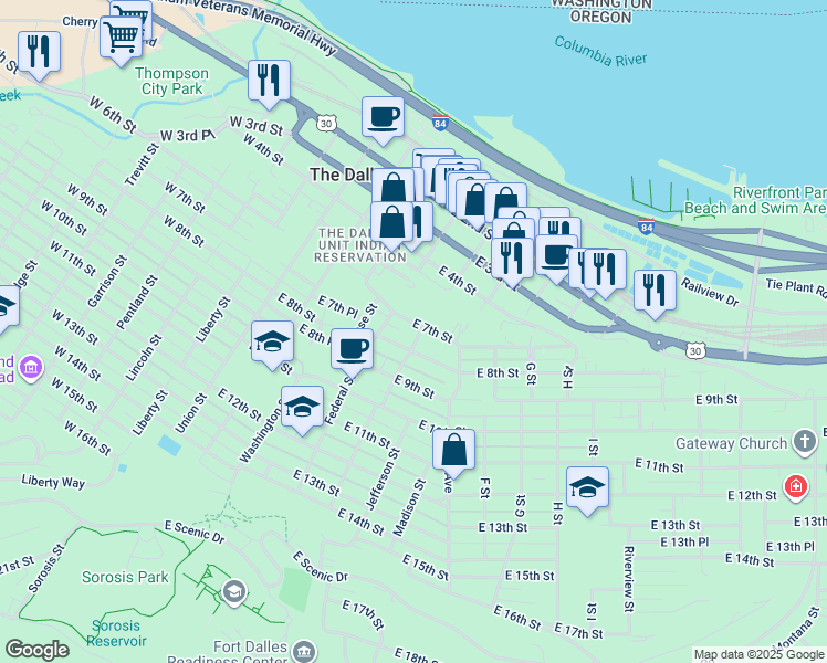 map of restaurants, bars, coffee shops, grocery stores, and more near 507 East 8th Street in The Dalles