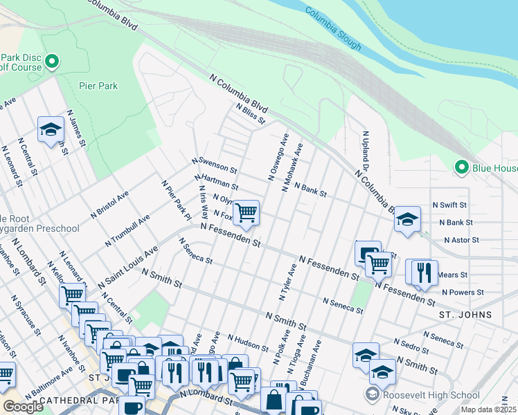 map of restaurants, bars, coffee shops, grocery stores, and more near 8032 North Olympia Street in Portland