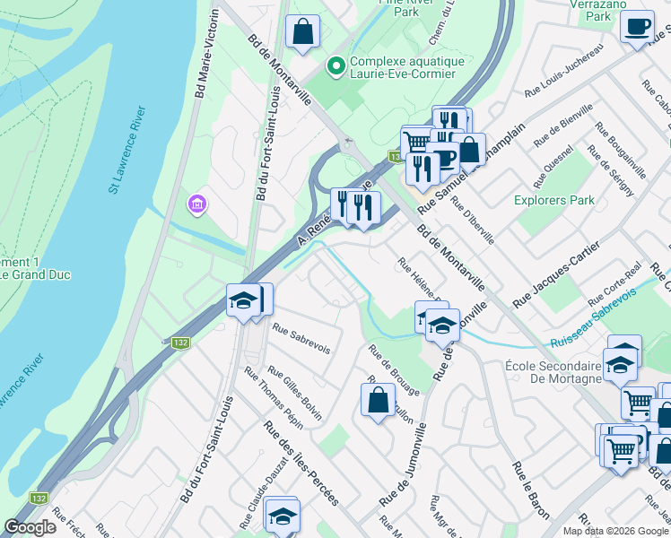 map of restaurants, bars, coffee shops, grocery stores, and more near 777 Rue de Brouage in Boucherville
