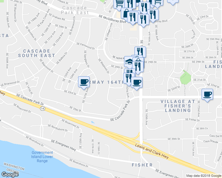 map of restaurants, bars, coffee shops, grocery stores, and more near 15918 Southeast 34th Street in Vancouver