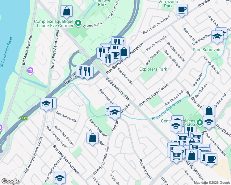 map of restaurants, bars, coffee shops, grocery stores, and more near 453 Rue Darontal in Boucherville