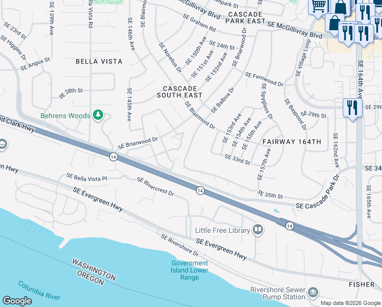 map of restaurants, bars, coffee shops, grocery stores, and more near 3205 Southeast Balboa Drive in Vancouver