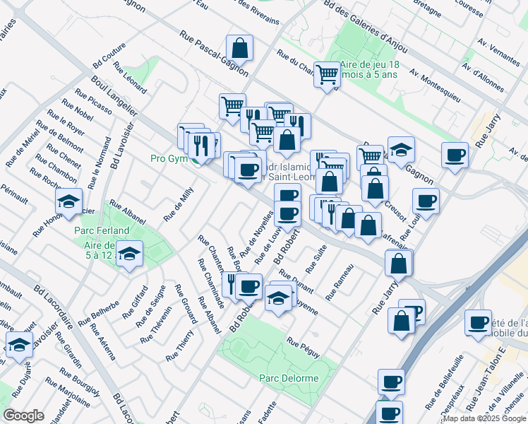 map of restaurants, bars, coffee shops, grocery stores, and more near 6399 Rue de Noyelles in Montréal