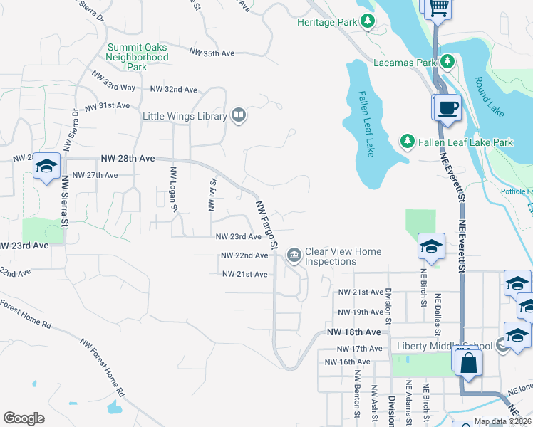 map of restaurants, bars, coffee shops, grocery stores, and more near 735 Northwest 24th Avenue in Camas