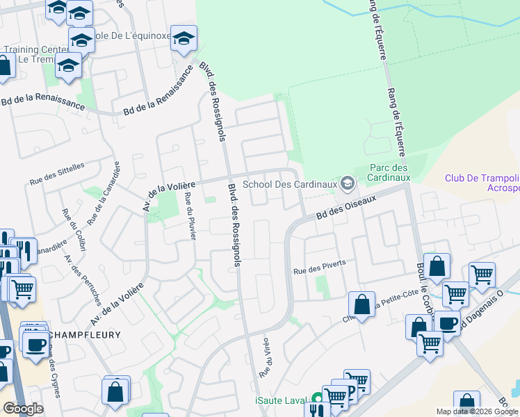 map of restaurants, bars, coffee shops, grocery stores, and more near 6098 Rue des Sizerins in Laval