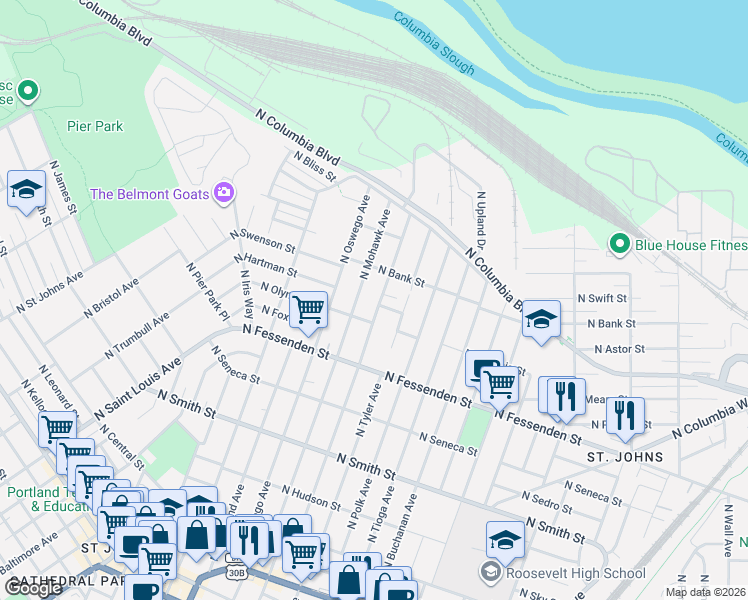 map of restaurants, bars, coffee shops, grocery stores, and more near 10035 North Allegheny Avenue in Portland