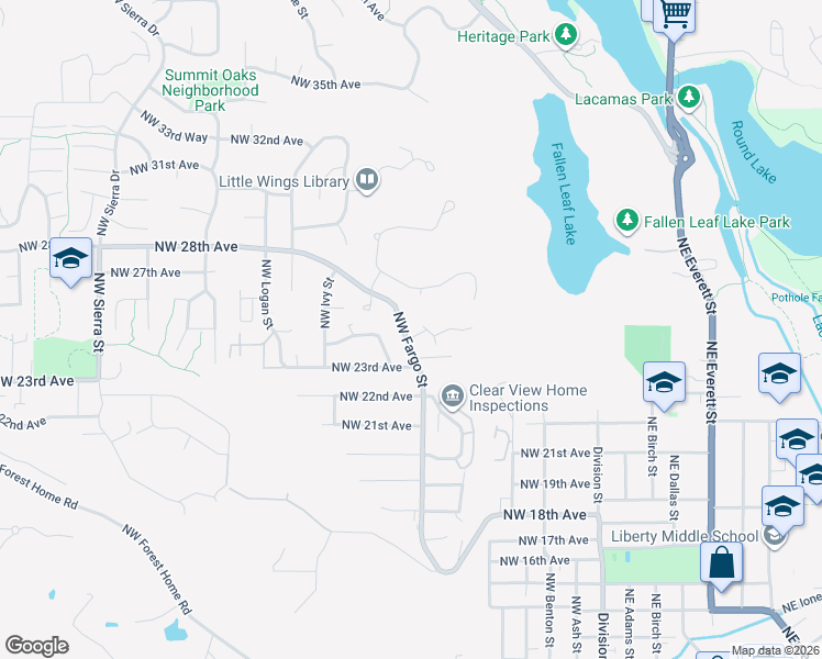 map of restaurants, bars, coffee shops, grocery stores, and more near 2320 Northwest Galaxy Street in Camas