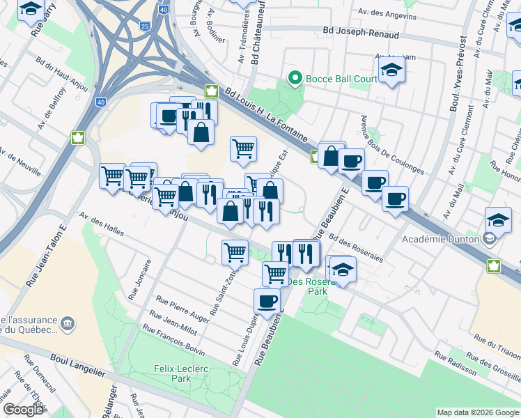 map of restaurants, bars, coffee shops, grocery stores, and more near 7300 Rue Saint-Zotique Est in Montréal