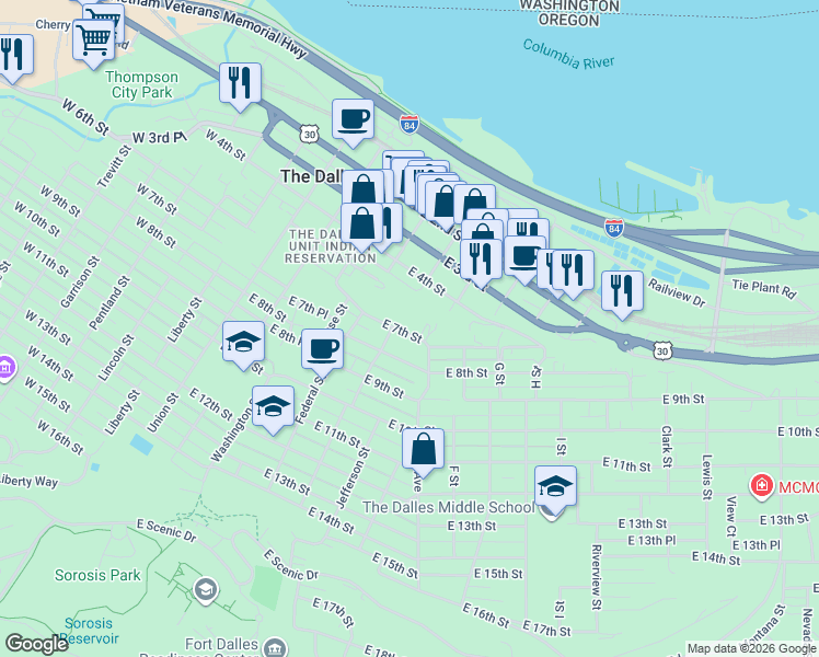 map of restaurants, bars, coffee shops, grocery stores, and more near 509 East 7th Street in The Dalles