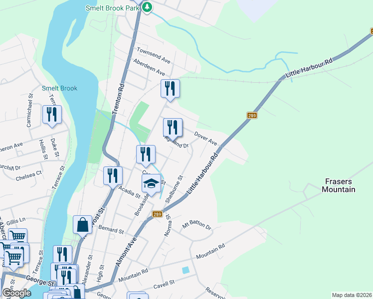 map of restaurants, bars, coffee shops, grocery stores, and more near 43 Highland Drive in New Glasgow