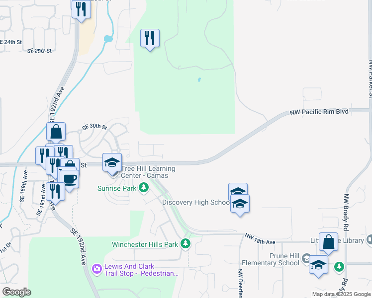 map of restaurants, bars, coffee shops, grocery stores, and more near 5515 Northwest Pacific Rim Boulevard in Camas
