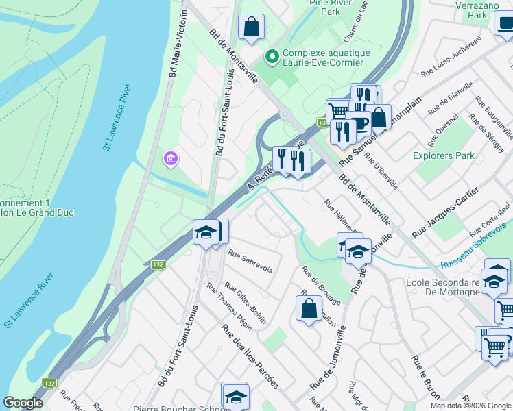map of restaurants, bars, coffee shops, grocery stores, and more near 202 Rue Louis-Hébert in Boucherville