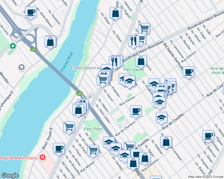 map of restaurants, bars, coffee shops, grocery stores, and more near 11379 Avenue Garon in Montréal