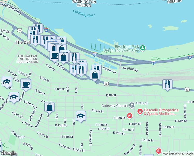 map of restaurants, bars, coffee shops, grocery stores, and more near 1006 East 3rd Street in The Dalles