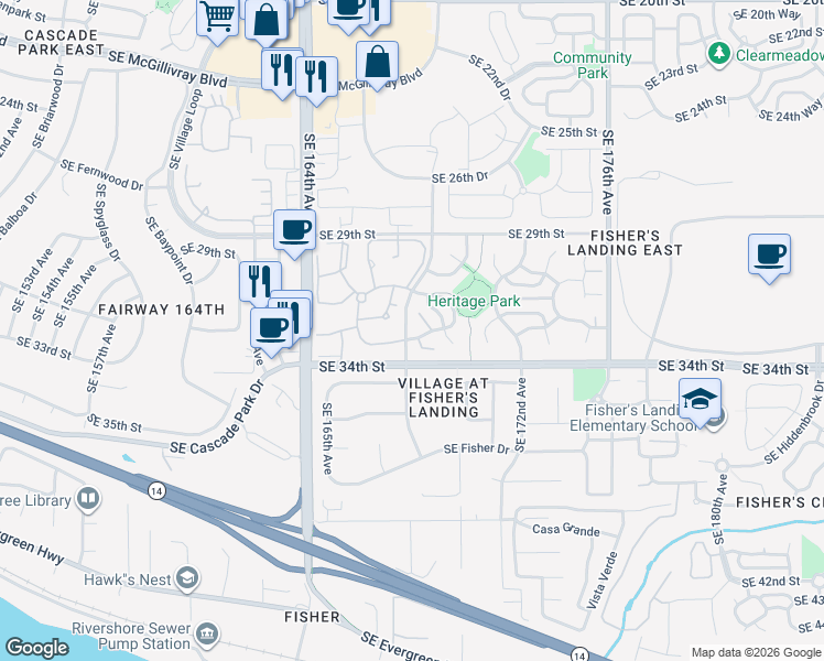 map of restaurants, bars, coffee shops, grocery stores, and more near 3100 Southeast 168th Avenue in Vancouver
