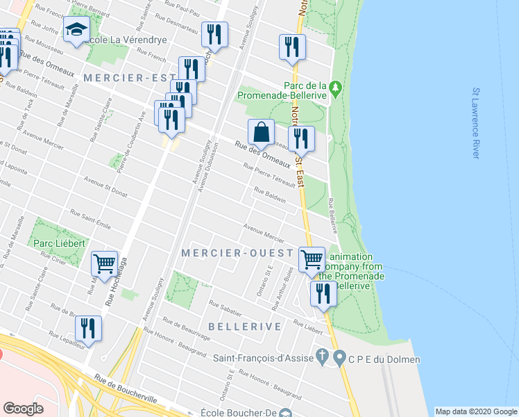 map of restaurants, bars, coffee shops, grocery stores, and more near 2099 Avenue Lebrun in Montréal