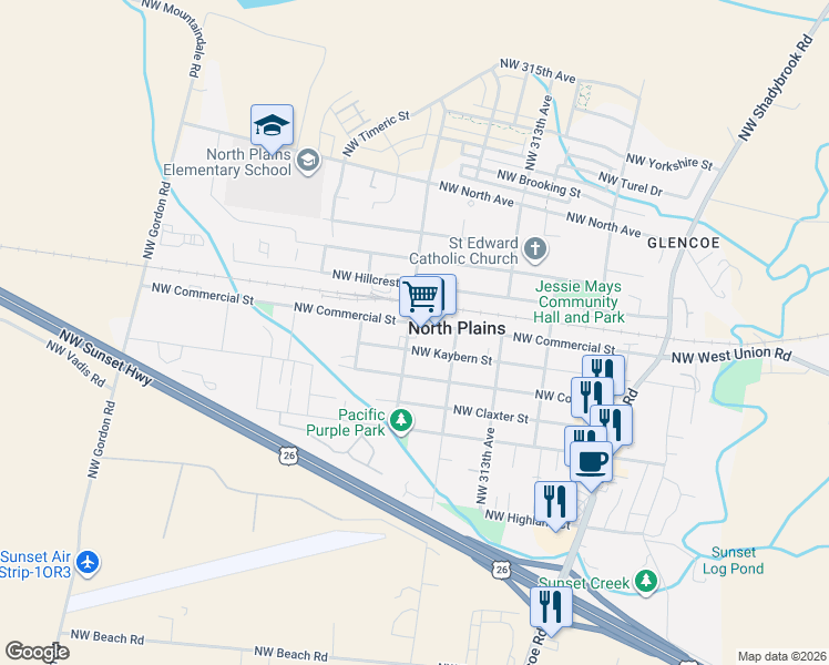 map of restaurants, bars, coffee shops, grocery stores, and more near 31594 Northwest Commercial Street in North Plains