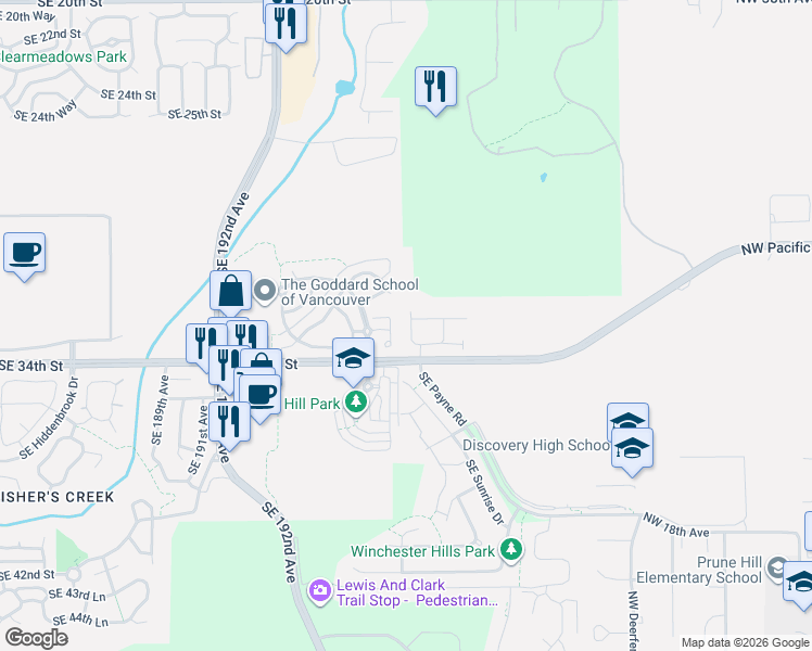 map of restaurants, bars, coffee shops, grocery stores, and more near 2451 Northwest Lorenz Street in Camas