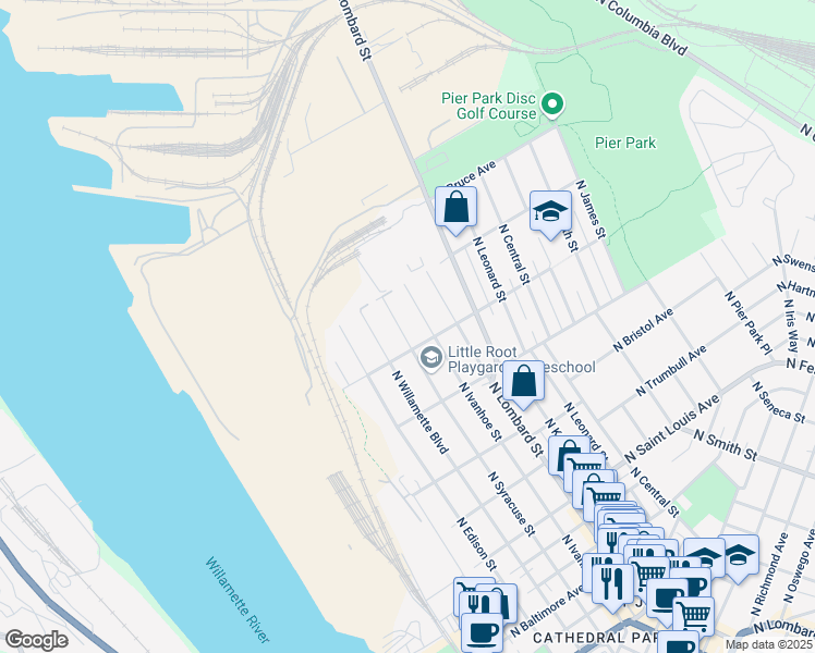 map of restaurants, bars, coffee shops, grocery stores, and more near 7011 North Reno Avenue in Portland