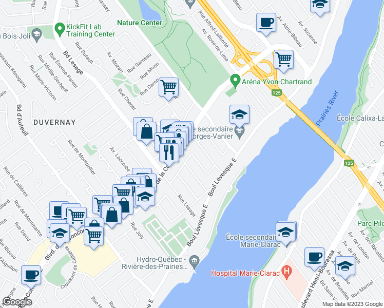 map of restaurants, bars, coffee shops, grocery stores, and more near 717 Avenue J A Savoie in Laval