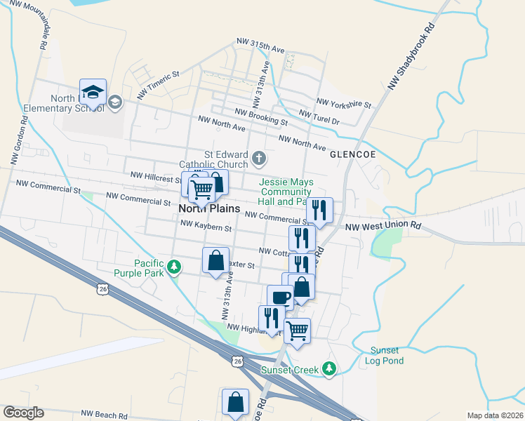 map of restaurants, bars, coffee shops, grocery stores, and more near 10715 Northwest 311th Avenue in North Plains