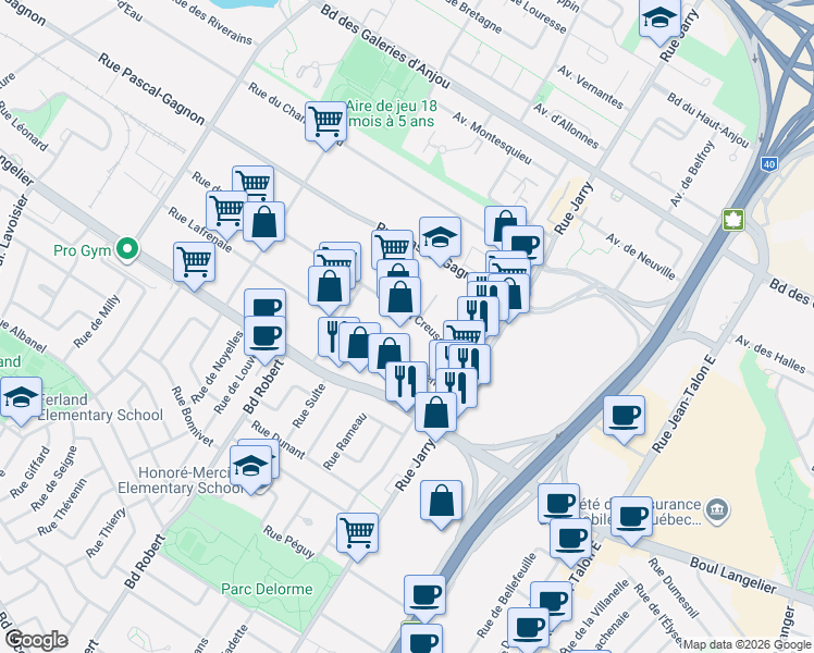map of restaurants, bars, coffee shops, grocery stores, and more near 8216 Rue du Creusot in Montréal