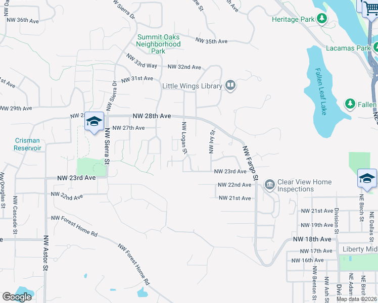 map of restaurants, bars, coffee shops, grocery stores, and more near 2441 Northwest Logan Street in Camas