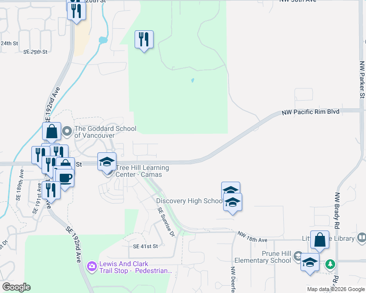 map of restaurants, bars, coffee shops, grocery stores, and more near 5515 Northwest Pacific Rim Boulevard in Camas