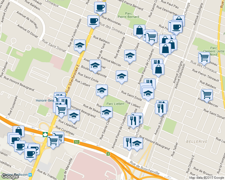 map of restaurants, bars, coffee shops, grocery stores, and more near 2892 Rue Saint Émile in Montréal