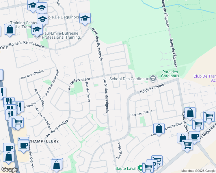 map of restaurants, bars, coffee shops, grocery stores, and more near 6103 Boulevard des Rossignols in Laval