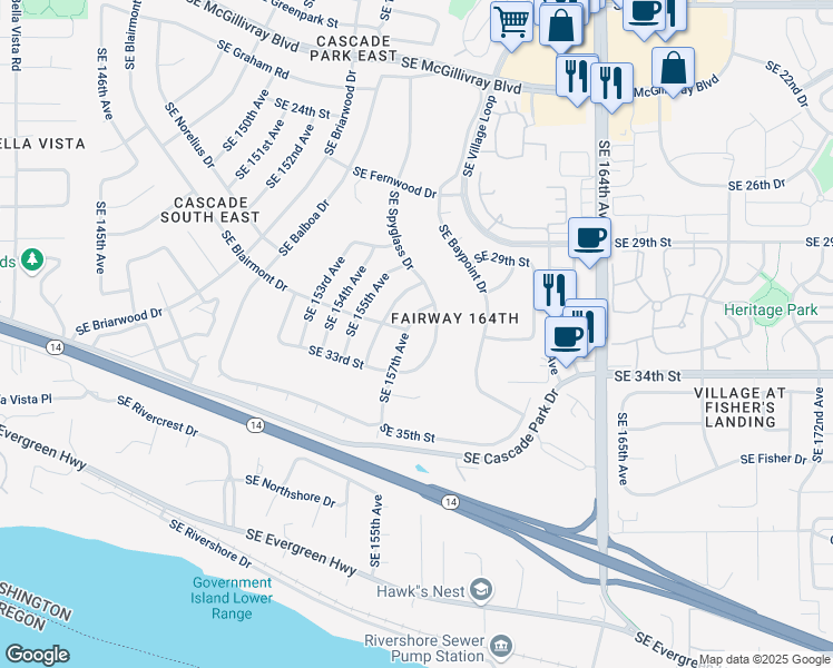 map of restaurants, bars, coffee shops, grocery stores, and more near 3006 Southeast 157th Avenue in Vancouver