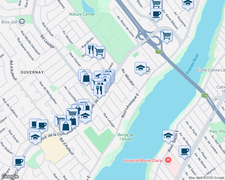 map of restaurants, bars, coffee shops, grocery stores, and more near 717 Avenue J A Savoie in Laval