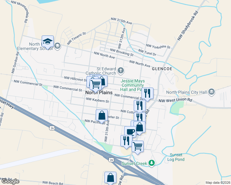 map of restaurants, bars, coffee shops, grocery stores, and more near 31280 Northwest Hillcrest Street in North Plains