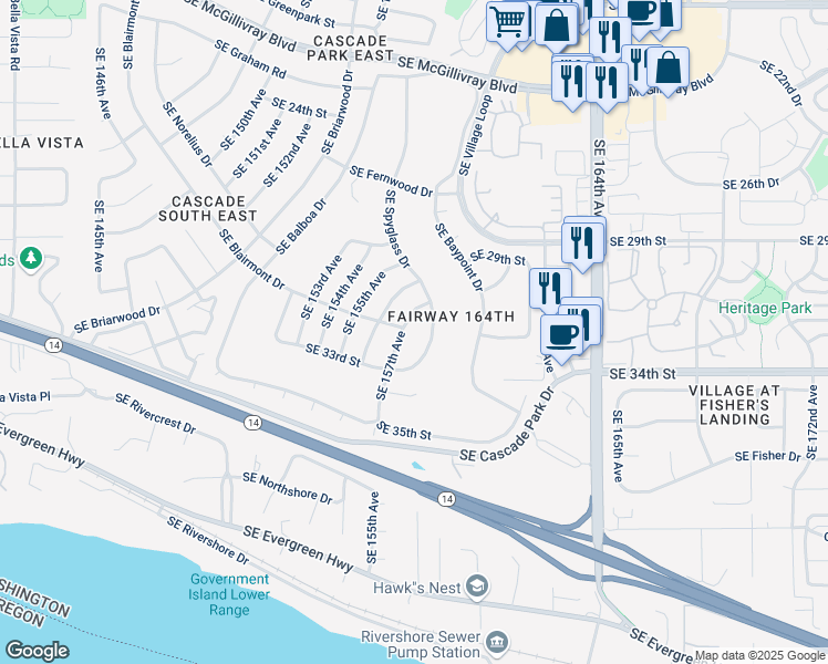 map of restaurants, bars, coffee shops, grocery stores, and more near 3006 Southeast 157th Avenue in Vancouver